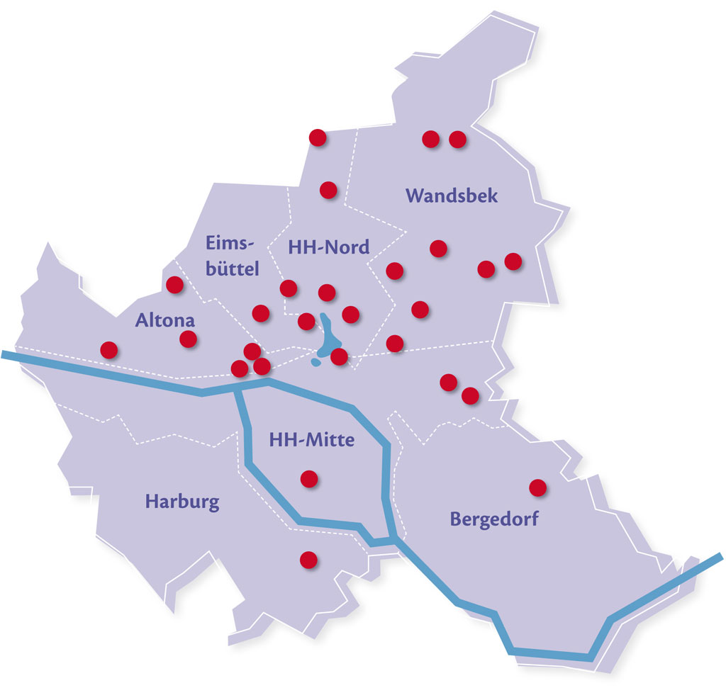 Karte von Hamburg mit markierten Kita-Standorten